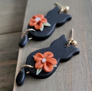 Crimson Floral Clay Black Cat Earrings- Handmade Earrings- White Cat Earrings-